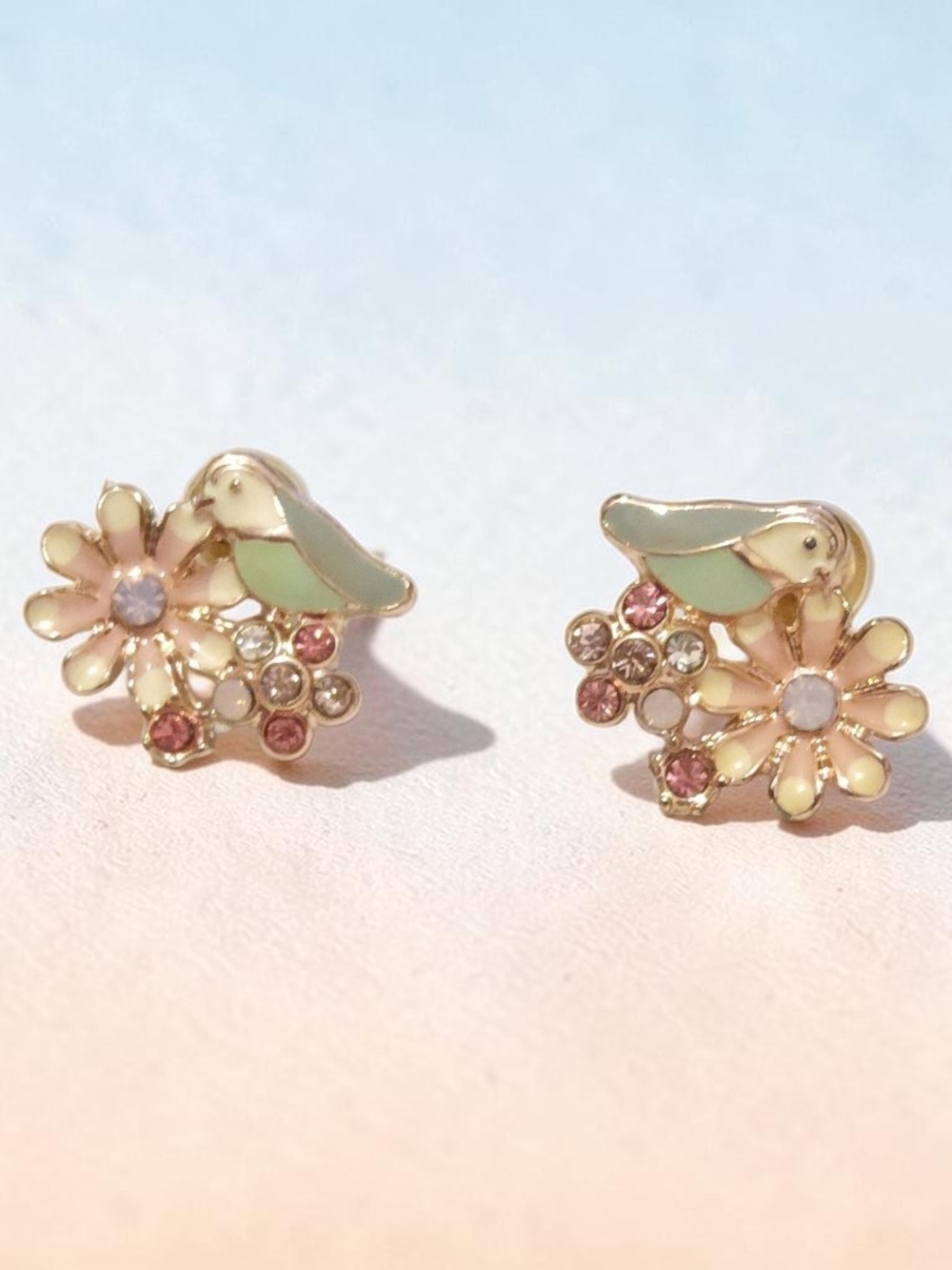 Mint Bird & Floral Stud Earrings - Pastel Green and Pink